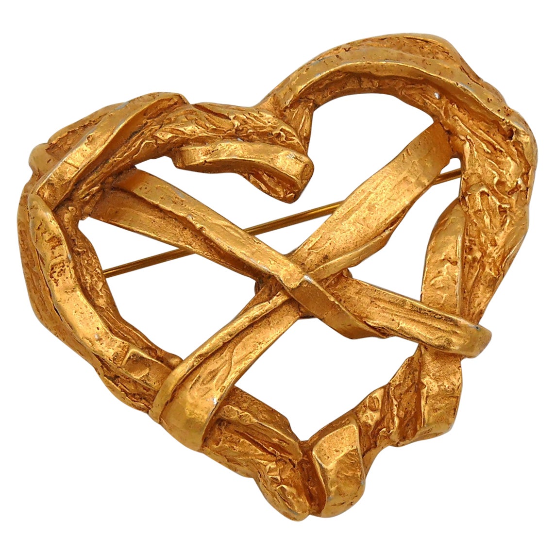 CHRISTIAN LACROIX Vintage Textured Ribbon Heart Brooch For Sale