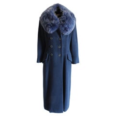 Vintage Karl Lagerfeld Coat Long Trench Style Wool Blend Detachable Blue Fox Fur Collar