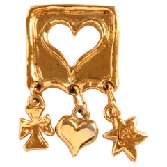 Christian Lacroix Heart Brooch with Dangle Charms Cross Heart Star Vintage 90s 