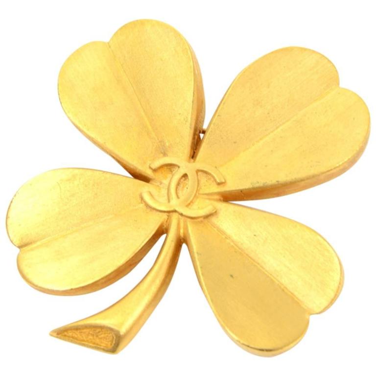 10k Yellow Gold Four Leaf Clover Pin Brooch with Diamond Accent