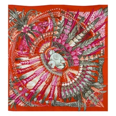 Hermes Danse Pacifique Seta 90cm Nuovo Arancione Piume e Conchiglie