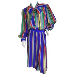 Yves Saint Laurent Rive Gauche 1970's Stripe Silk Day Dress with Bow