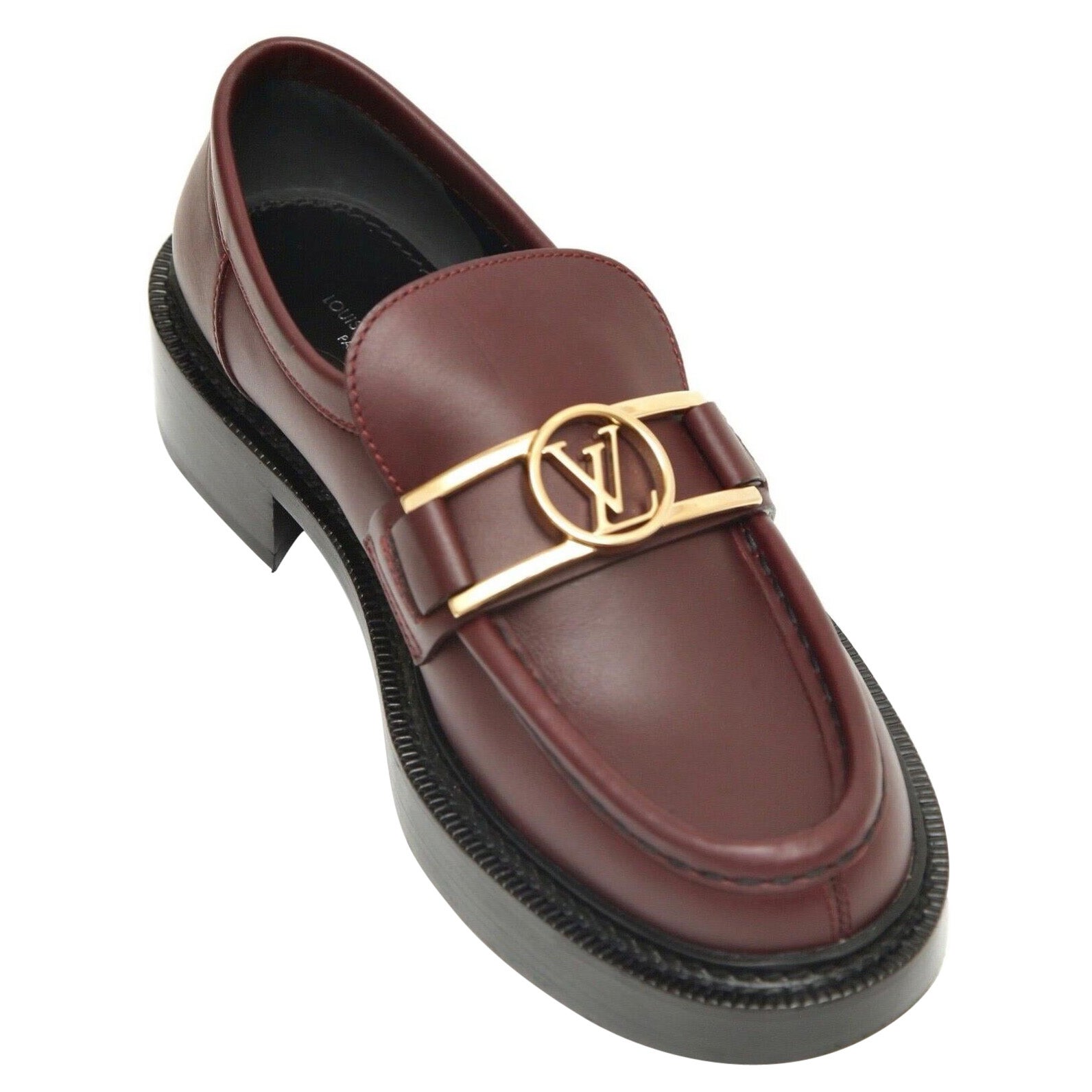 LOUIS VUITTON Leather Loafer Burgundy Red ACADEMY Gold LV Dauphine Logo  Shoes 38 For Sale at 1stDibs
