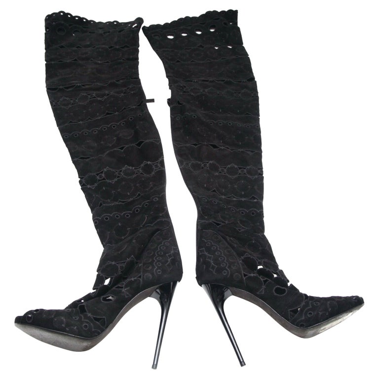 TOM FORD Black Suede Boots Over The Knee Leather Cut Out Peep Toe Sz 38 For  Sale at 1stDibs