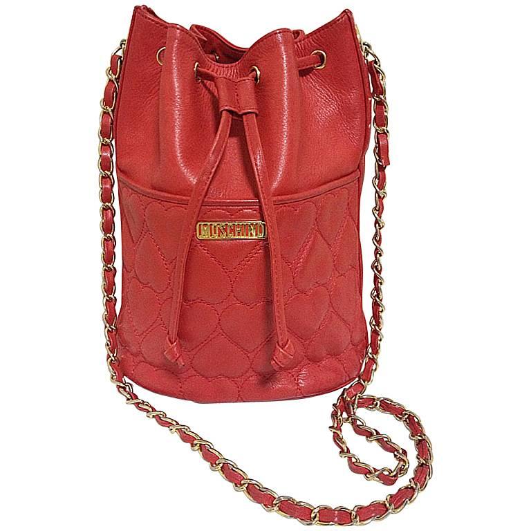 Vintage MOSCHINO red heart shape quilted lambskin shoulder hobo bucket purse