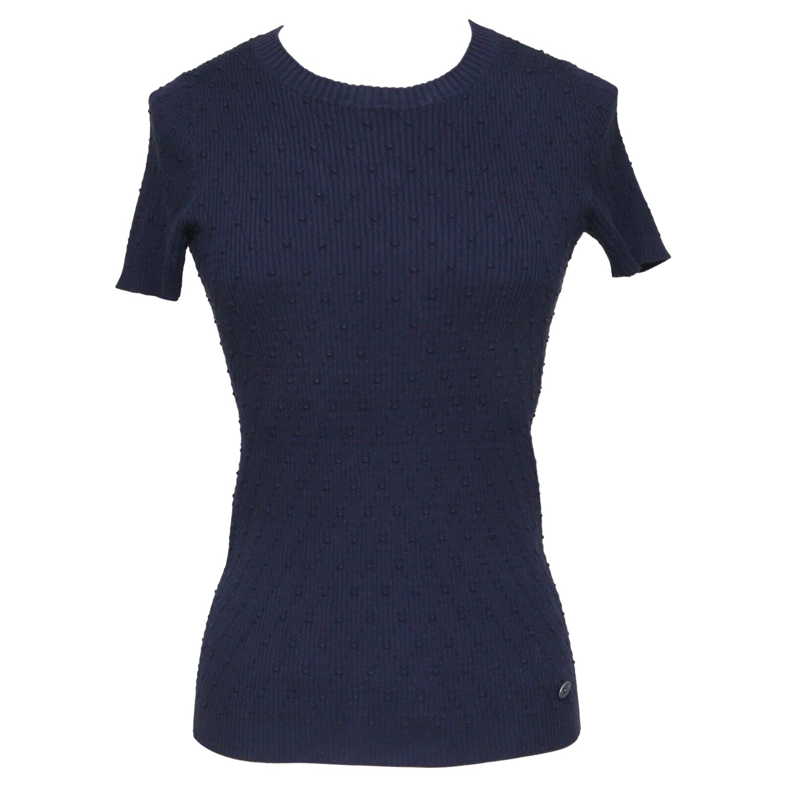 CHANEL Blue Sweater Top Knit Short Sleeve Navy Diamond Quilted CC Logo Sz 34 For Sale
