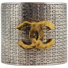 Chanel Sterling Silver Etched Cuff with Hammered Gold "CC" -  late 1970's 