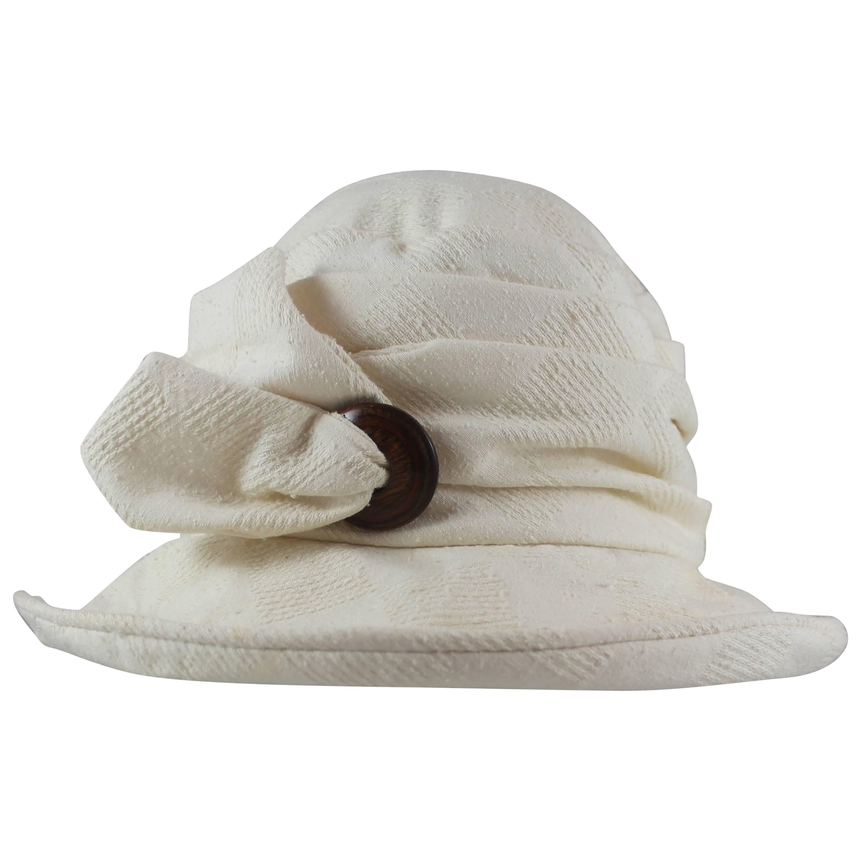 Suzanne Couture Millinery Ivory Cloth Floppy Hat with a Wooden Button