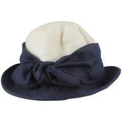 Deborah Rhodes Collection Ivory & Navy Canvas Hat with Front Tie 