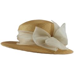 Suzanne Couture Millinery Tan Straw Hat with Taupe Silk Chiffon Ribbon 