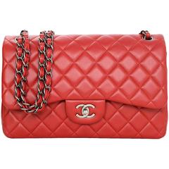 Chanel Red Quilted Lambskin Leather Double Flap Jumbo Bag with RHW