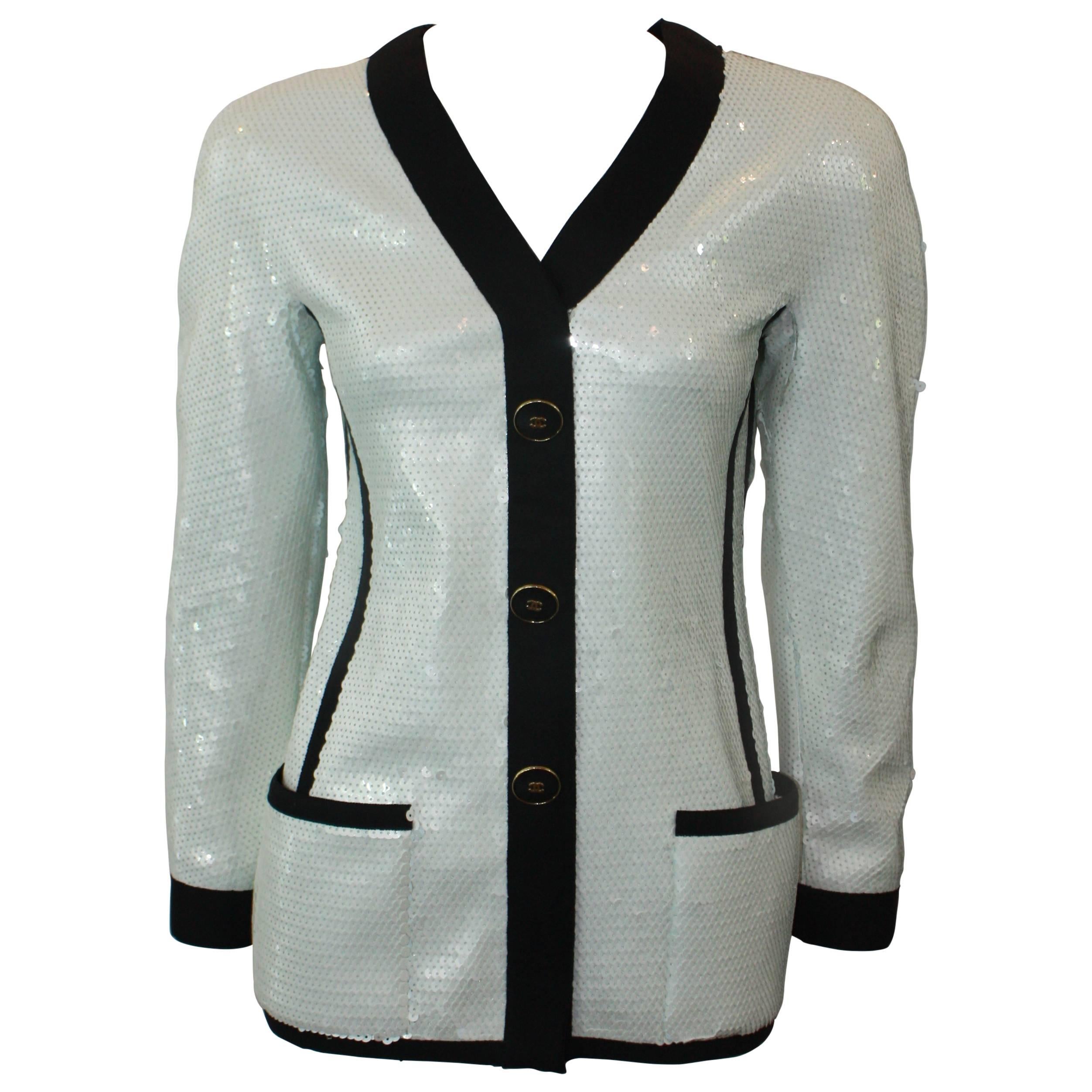 Chanel Vintage Black and White Sequined Evening Jacket - 38 - 1980
s