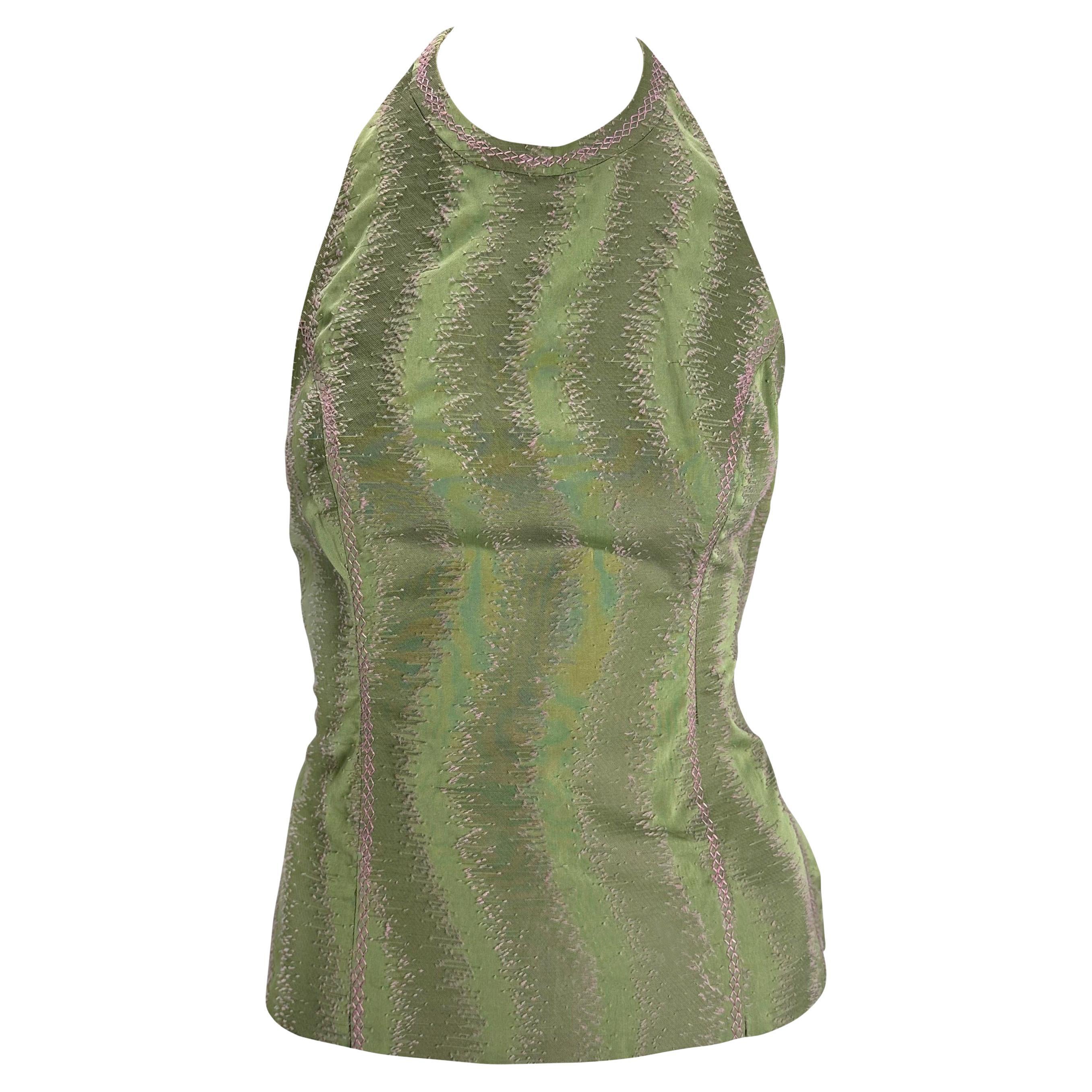 1999 Donatella Versace for Gianni Versace Green Abstract Pink Embroidery Halter Top in vendita