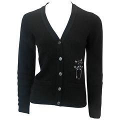 Chanel Black Cashmere Knit Cardigan with Rhinestone "CC" - 34 - 06A