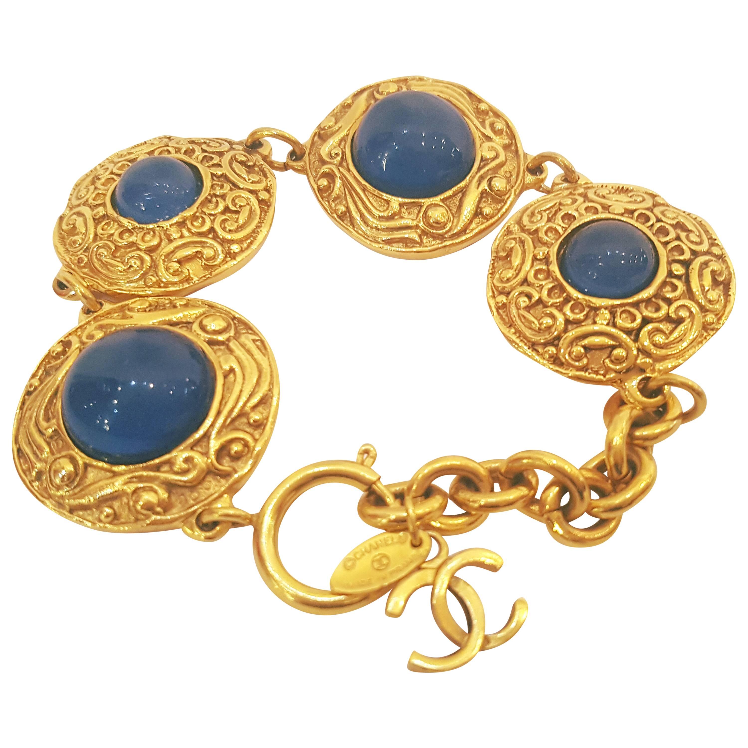 Chanel Gold Tone Blu Stone Bracelet