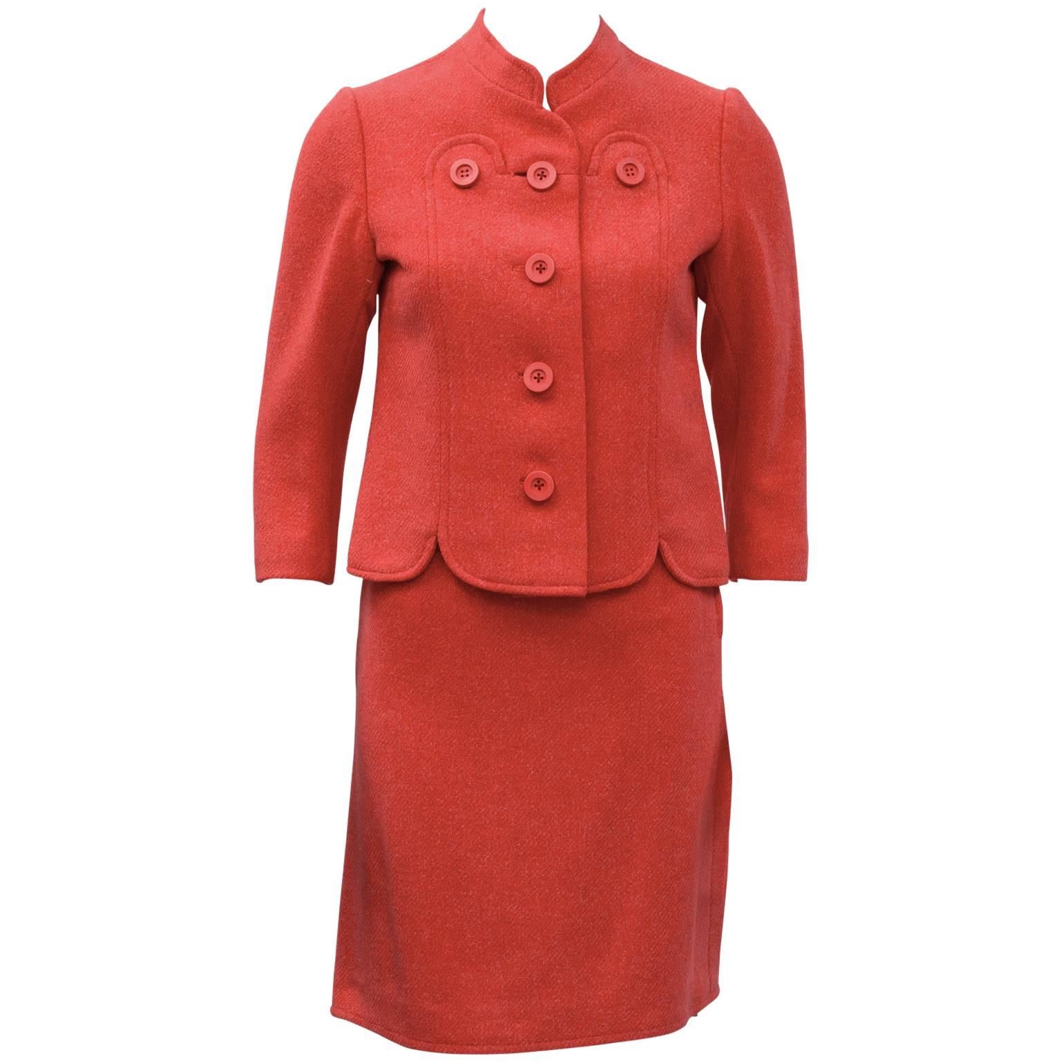 1960's Molyneux Coral Wool Skirt Suit For Sale