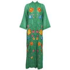 Retro 1960's Green Mexican Cotton Dress with Embroidery 