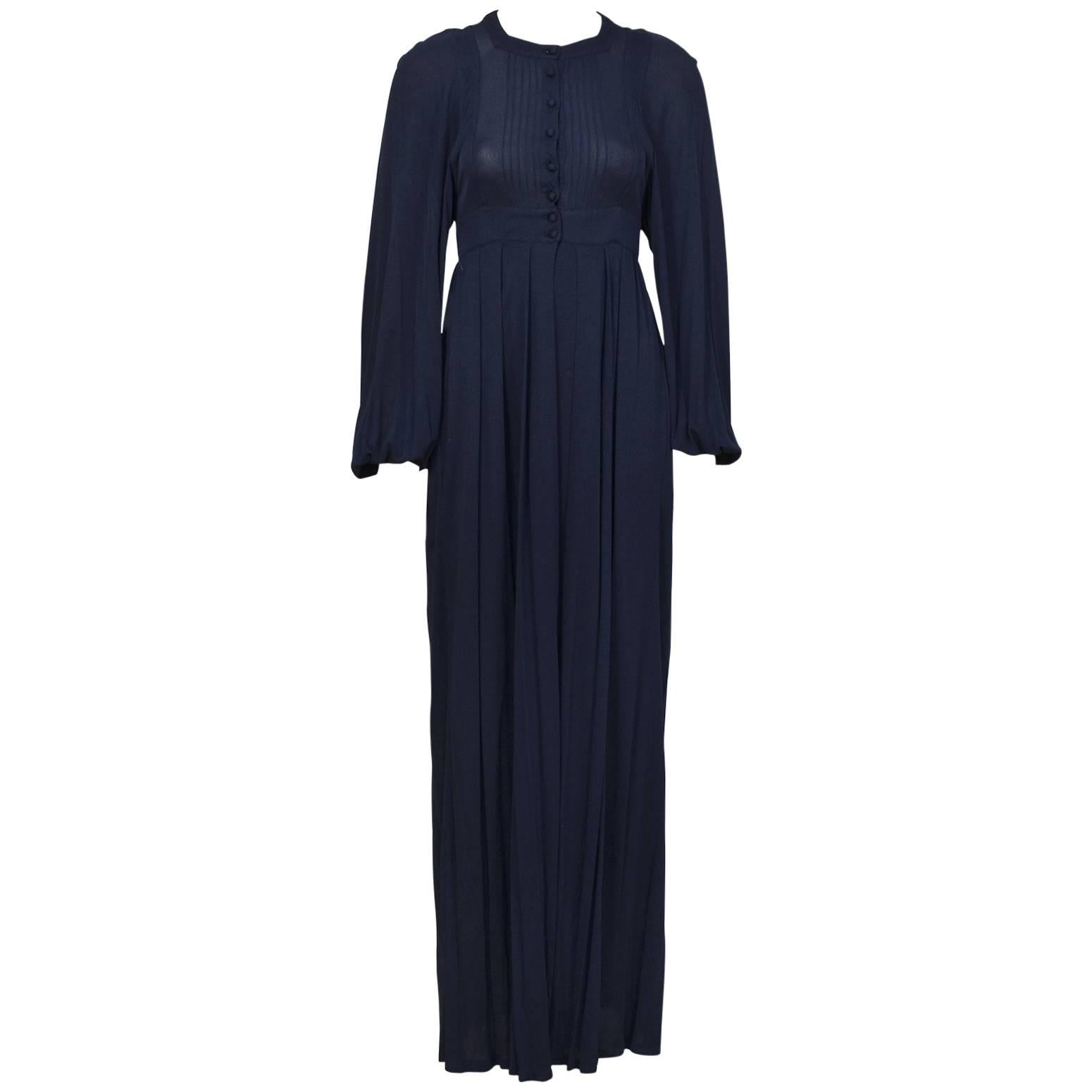 1970's Jean Muir Navy Rayon Jersey Maxi Dress  For Sale