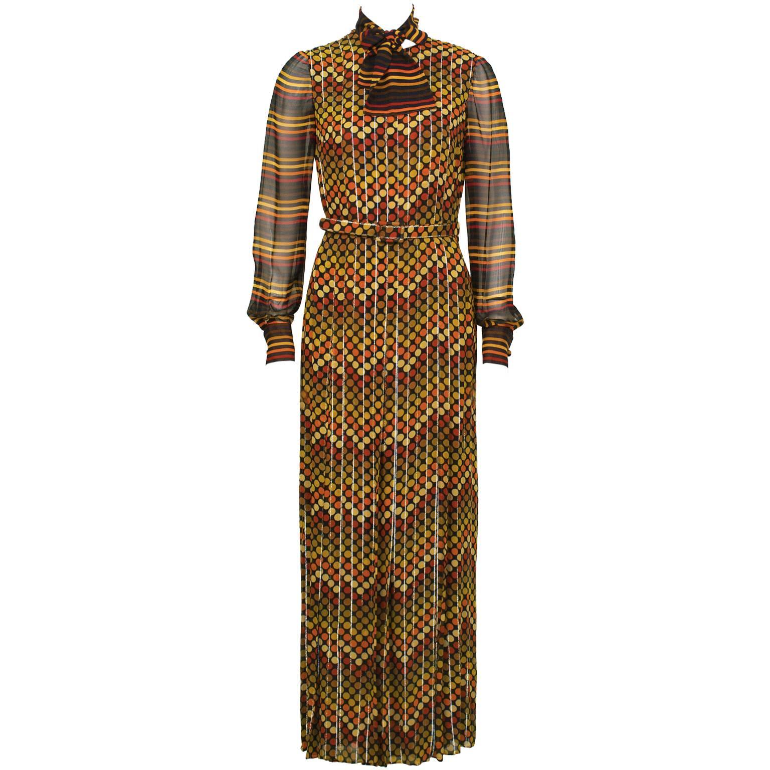 1970's Andre Laug Orange and Yellow Jacquard Gown 