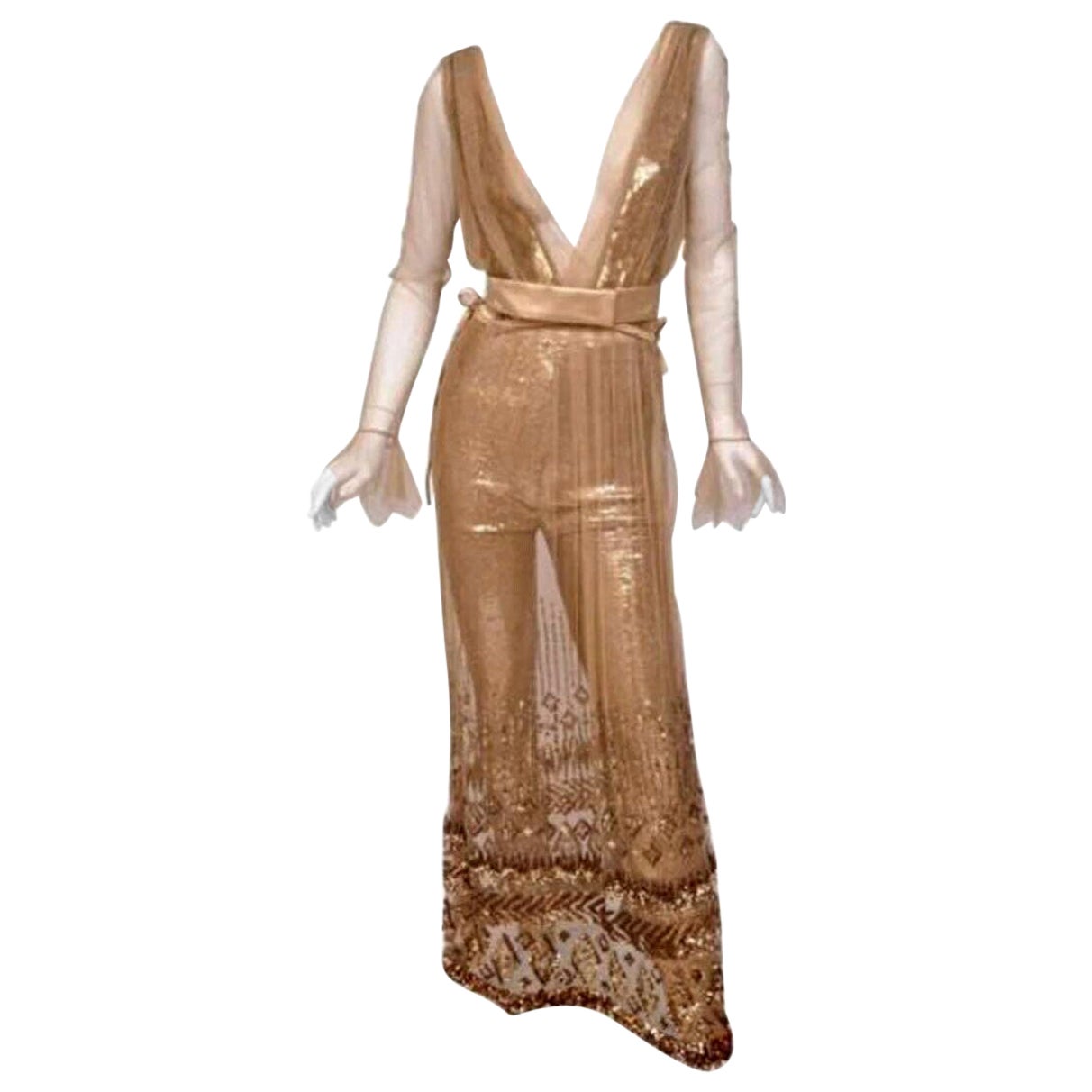 New Tom Ford Nude Embellished Chiffon Dress w/ Gold Sequin Pants 38 - 2 For Sale