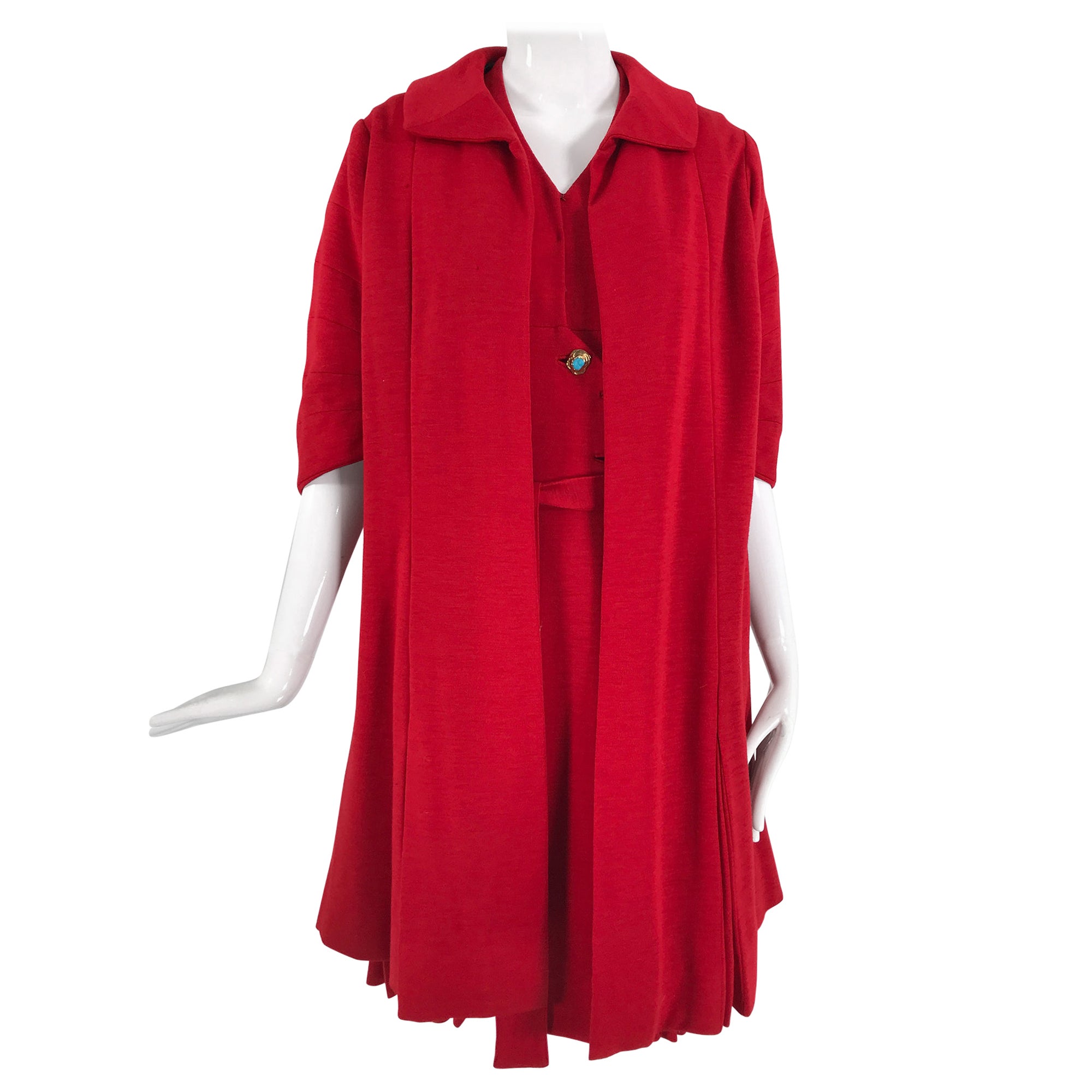 Coco Chanel Red Haute Couture 1950s 2 pc Wool Jersey Jewel Button Dress & Coat  For Sale