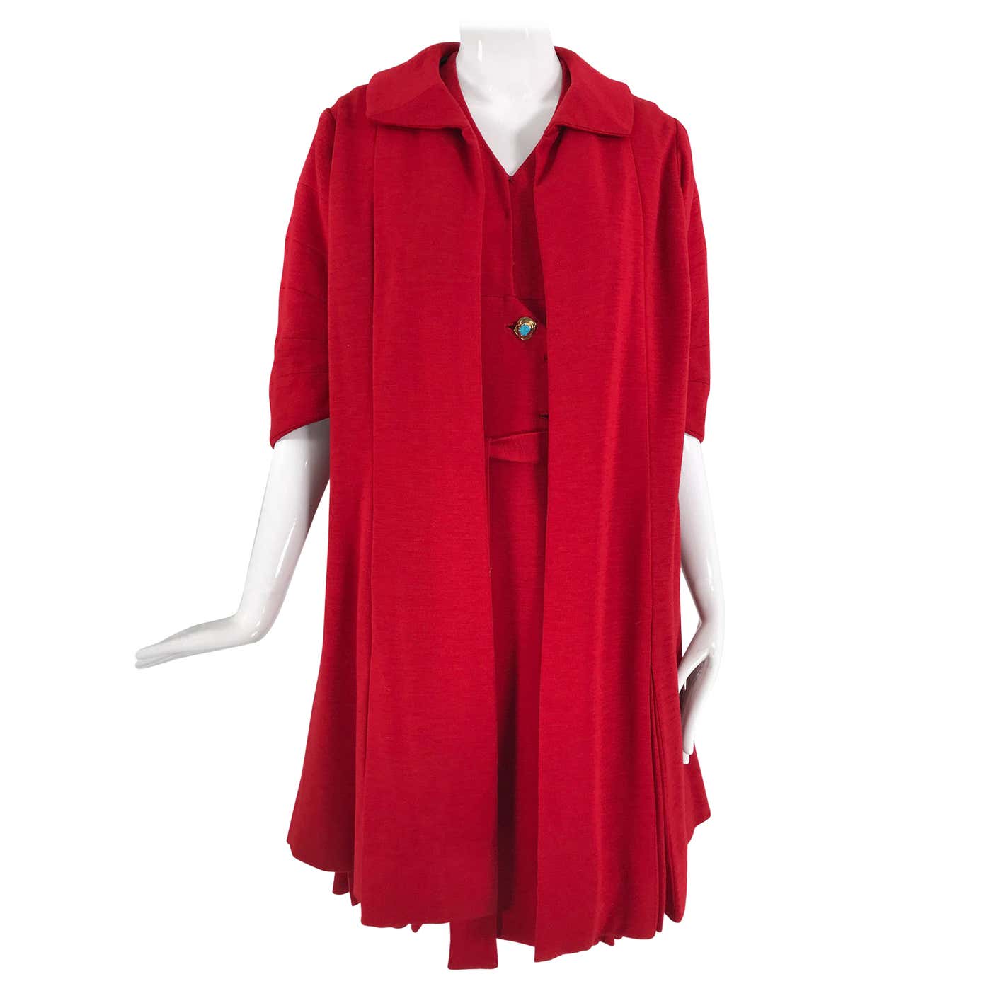 Coco Chanel Red Haute Couture 1950s 2 pc Wool Jersey Jewel Button Dress ...