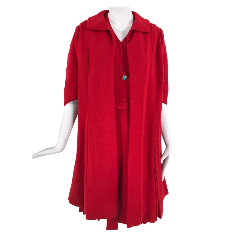 Coco Chanel Red Haute Couture 1950s 2 pc Wool Jersey Jewel Button Dress and  Coat