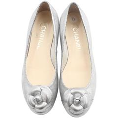 Chanel Silver Flats W/ Rosette 