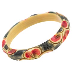 Antique French Art Deco Celluloid Carved Bracelet Bangle Red Flowers