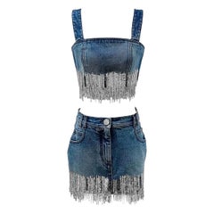 Balmain Denim Silver Sequin Fringe Mini Skirt Set Resort2020