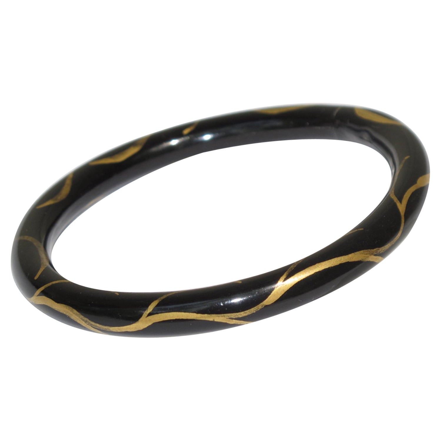 French Art Deco Black Celluloid Bracelet Bangle with Gold Paint Branches For Sale