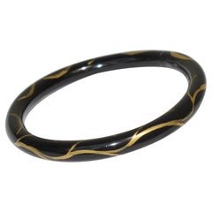 French Art Deco Black Celluloid Bracelet Bangle with Gold Paint Branches