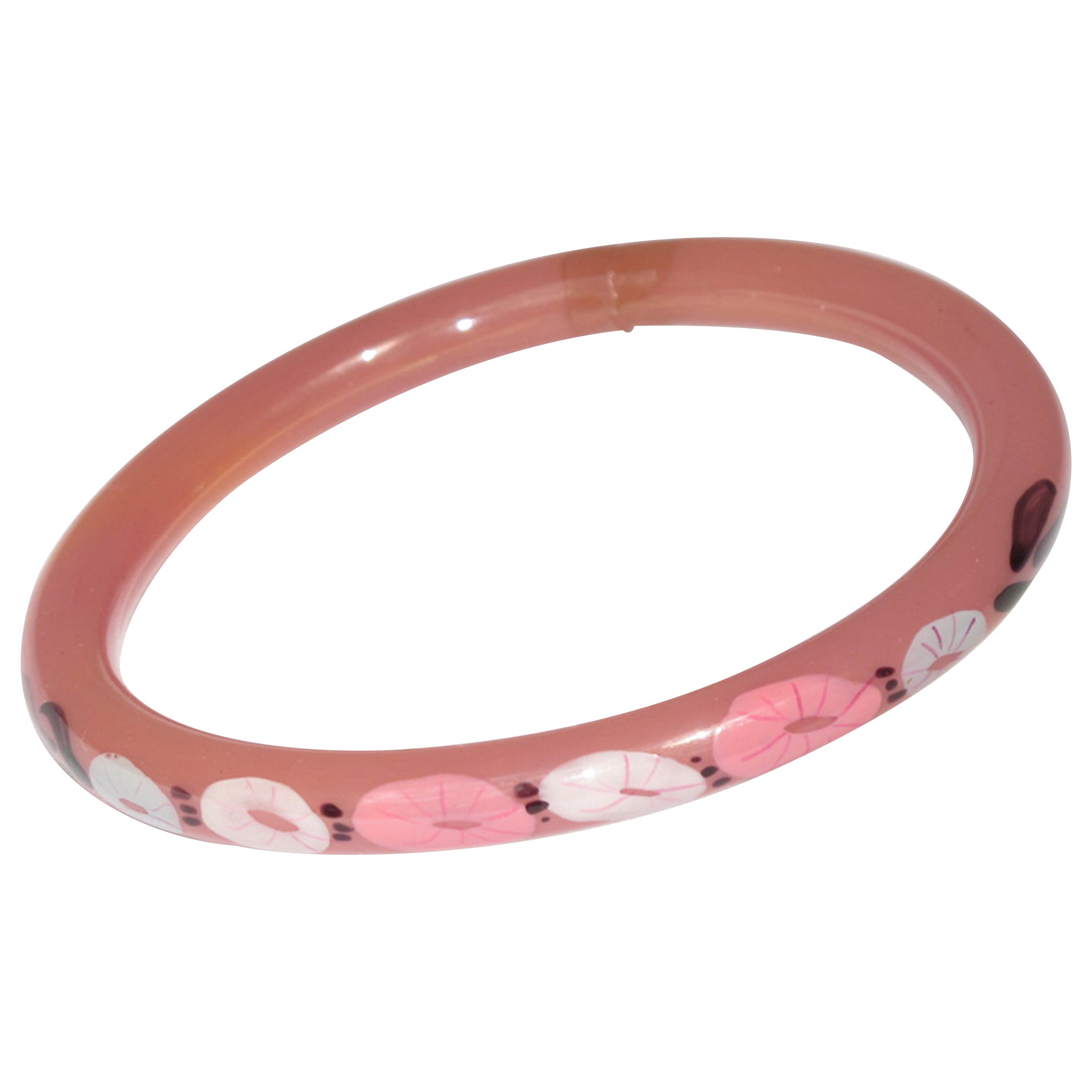 French Art Deco Pink Celluloid Bracelet Bangle with Floral Design For Sale