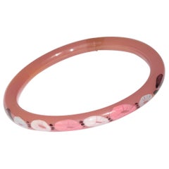 French Art Deco Pink Celluloid Bracelet Bangle with Floral Design