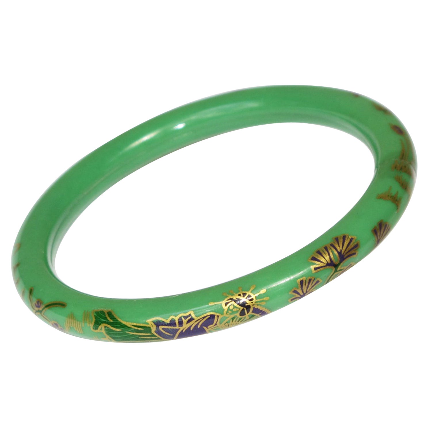 French Art Deco Green Celluloid Bracelet Bangle with Asian-Inspired Design For Sale