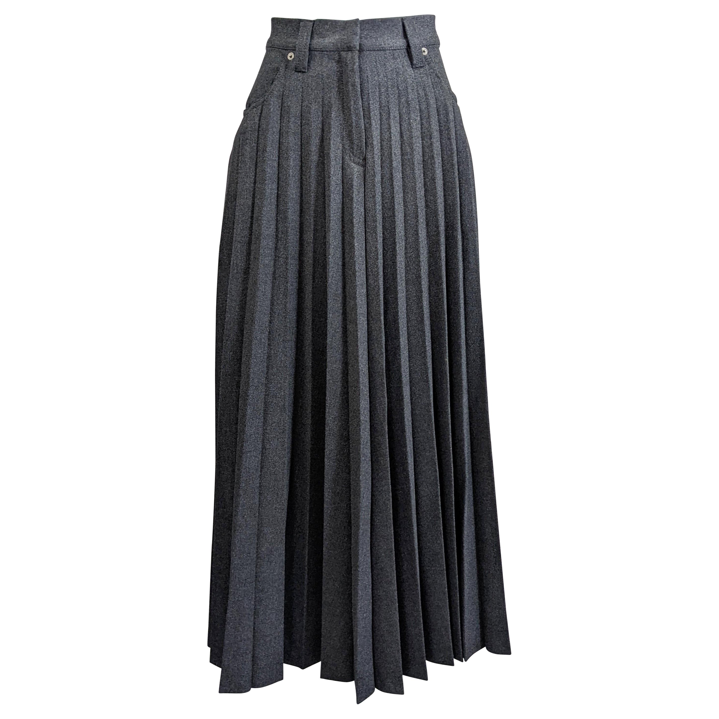 Grey Flannel Pleated Sunburst Jean Skirt For Sale