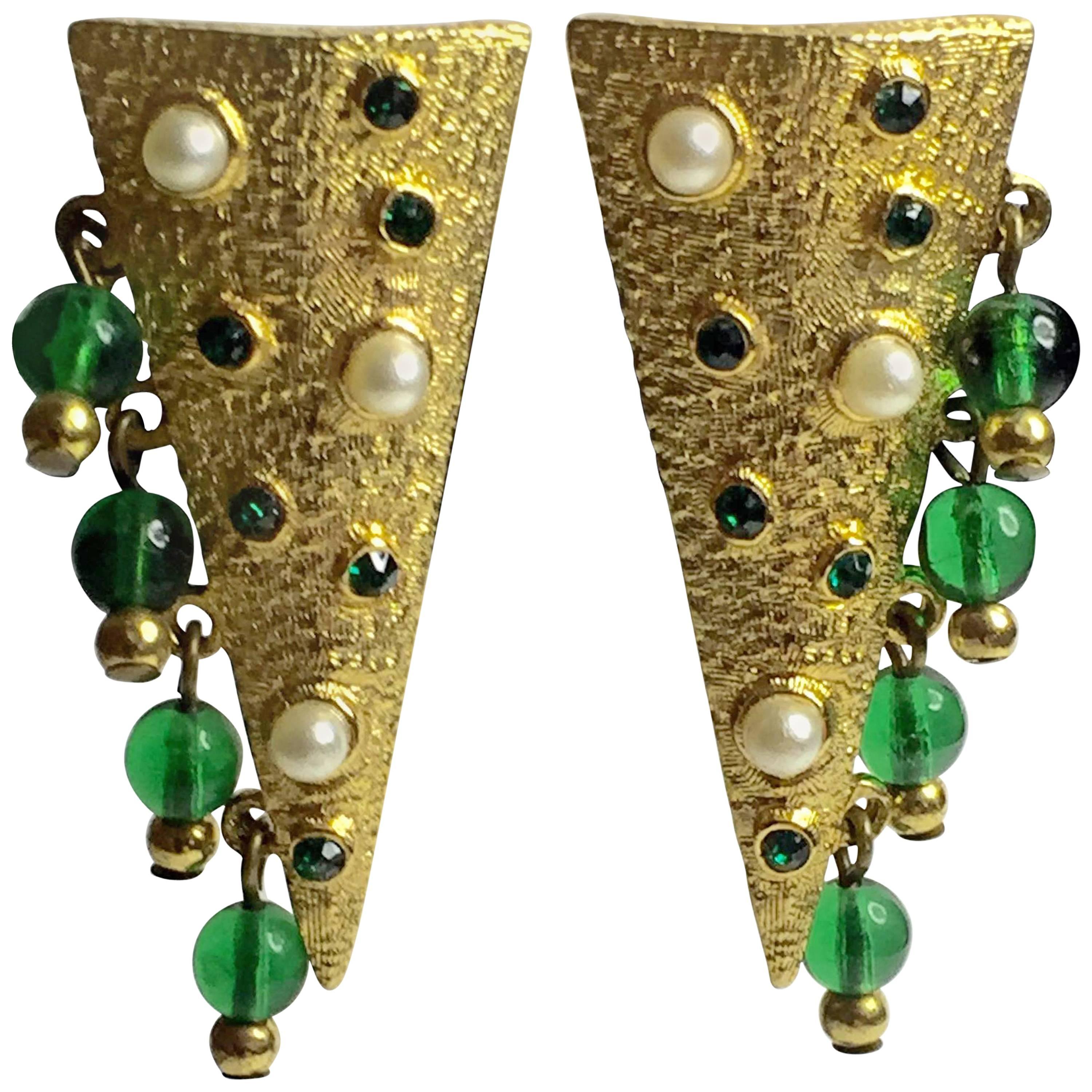 HOBE Elongated Triangular Earrings with Faux Emerald Inlay and Drop Beadwork For Sale