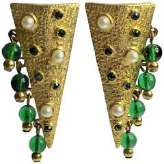 HOBE Elongated Triangular Earrings with Faux Emerald Inlay and Drop Beadwork