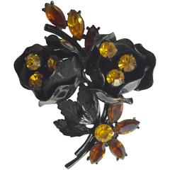 CORO Trembler Japanned Faux Topaz Amber Rhinestone Flower Brooch Pin
