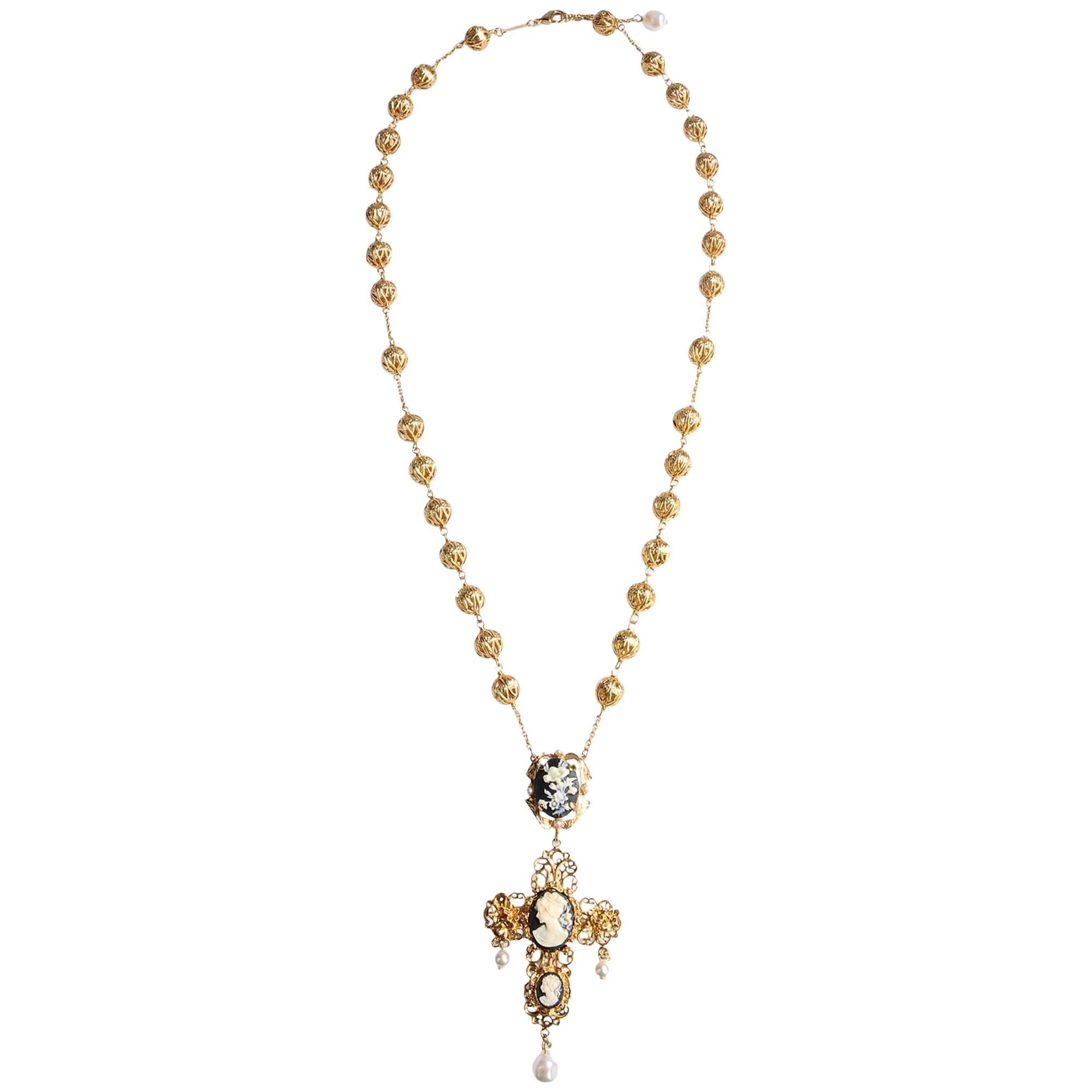Dolce & Gabbana NEW Cameo Gold Pearl Pendant Long Chain Necklace