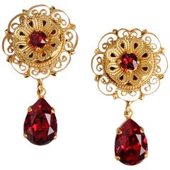 Dolce & Gabbana NEW Rouge Red Crystal Gold Filigree Brass Earrings