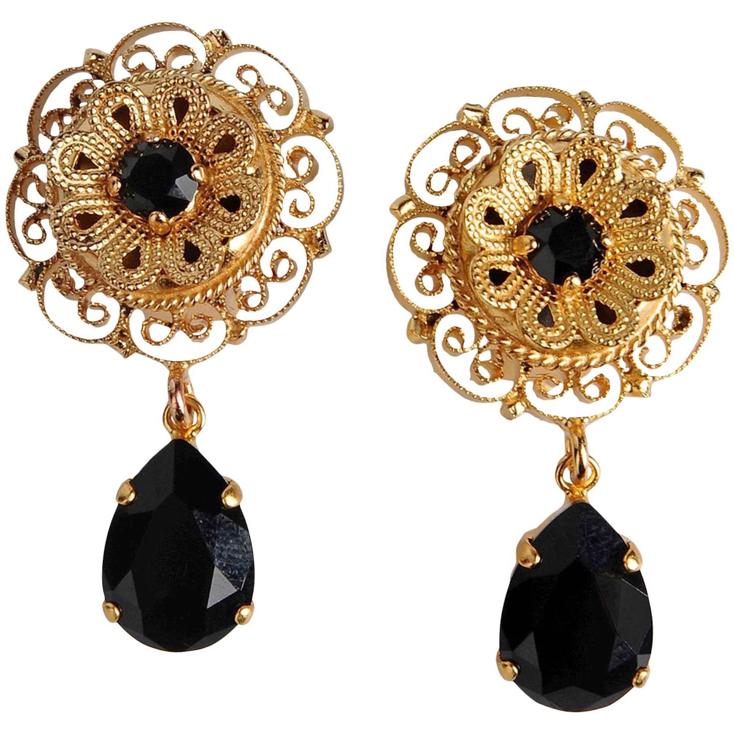 Dolce and Gabbana NEW Black Crystal Gold Filigree Brass Earrings at 1stdibs