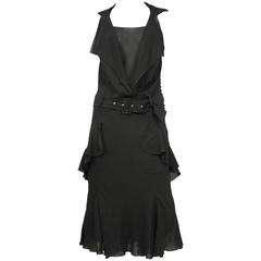 John Galliano Black Chiffon Belted Dress