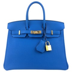 Hermès Birkin 25 Blaue Zellige Togo Lederhandtasche mit Goldbeschlägen SELTEN