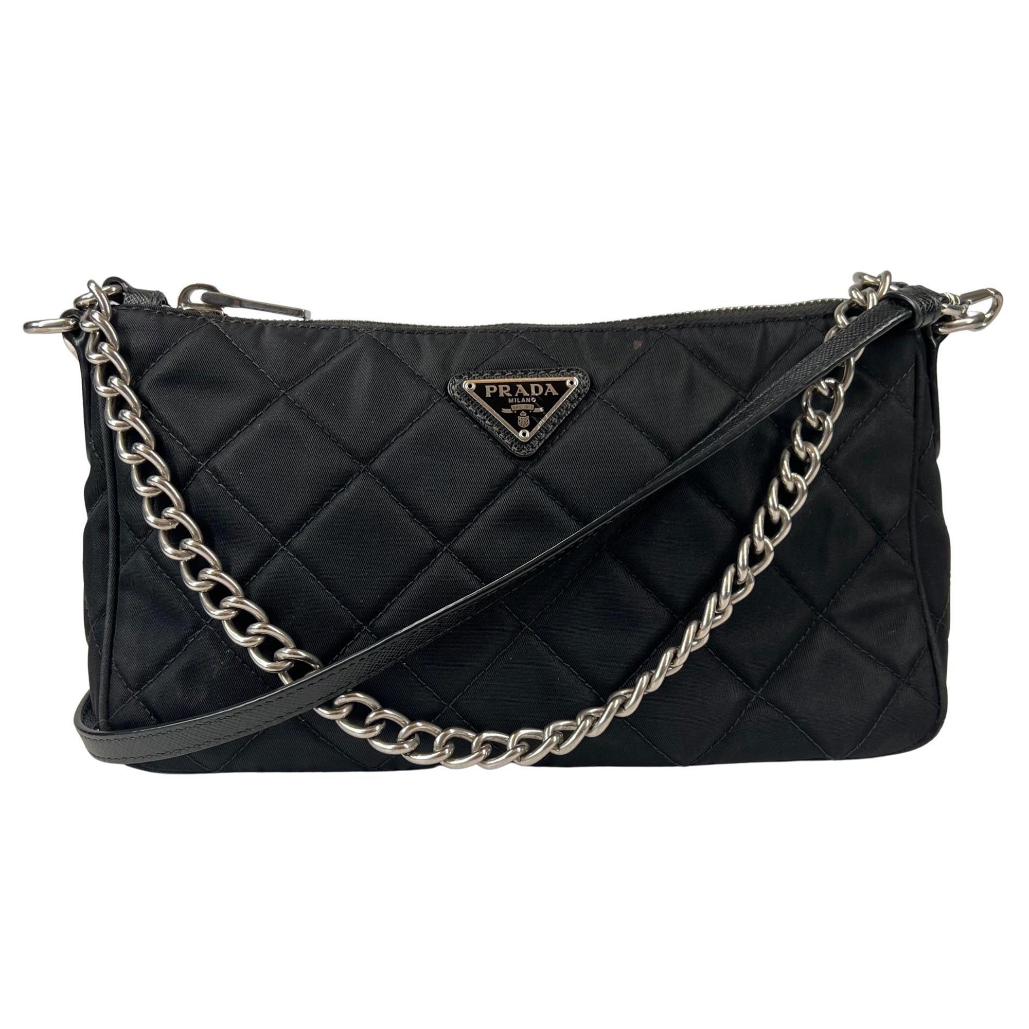 Prada Quilted Tessuto Nylon Chain Black Convertible Shoulder Bag (1BH026) For Sale