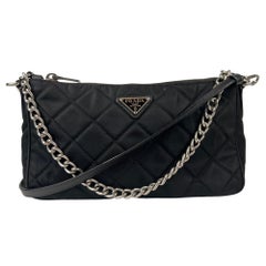 Used Prada Quilted Tessuto Nylon Chain Black Convertible Shoulder Bag (1BH026)