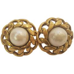 Chanel Gold Tone White Faux Pearls Clip on earrings