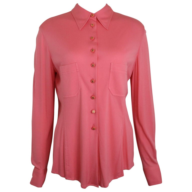 90s Chanel Pink Silk Shirt  For Sale