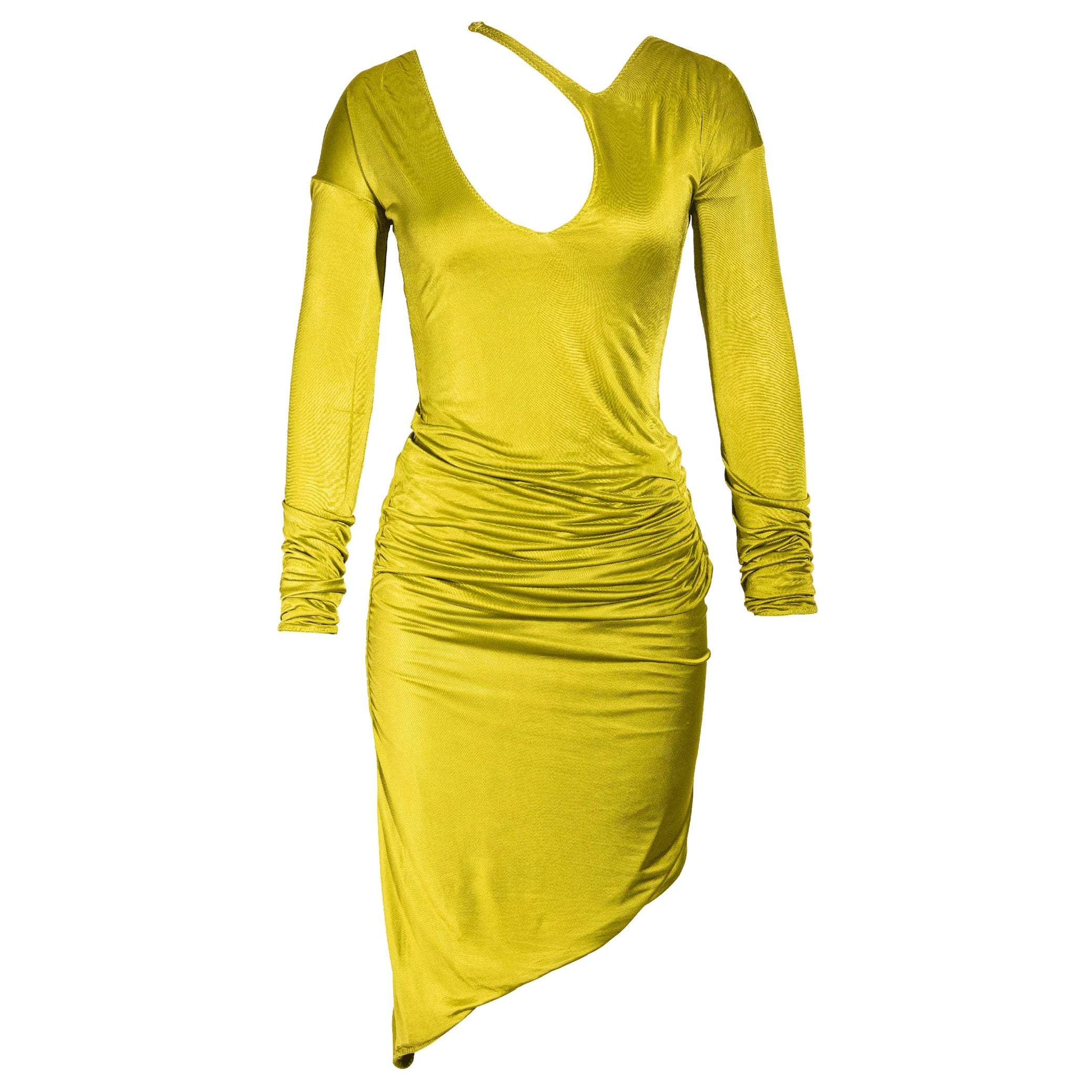 c. 2003 Gucci by Tom Ford Asymmetrical Chartreuse Long Sleeve Dress