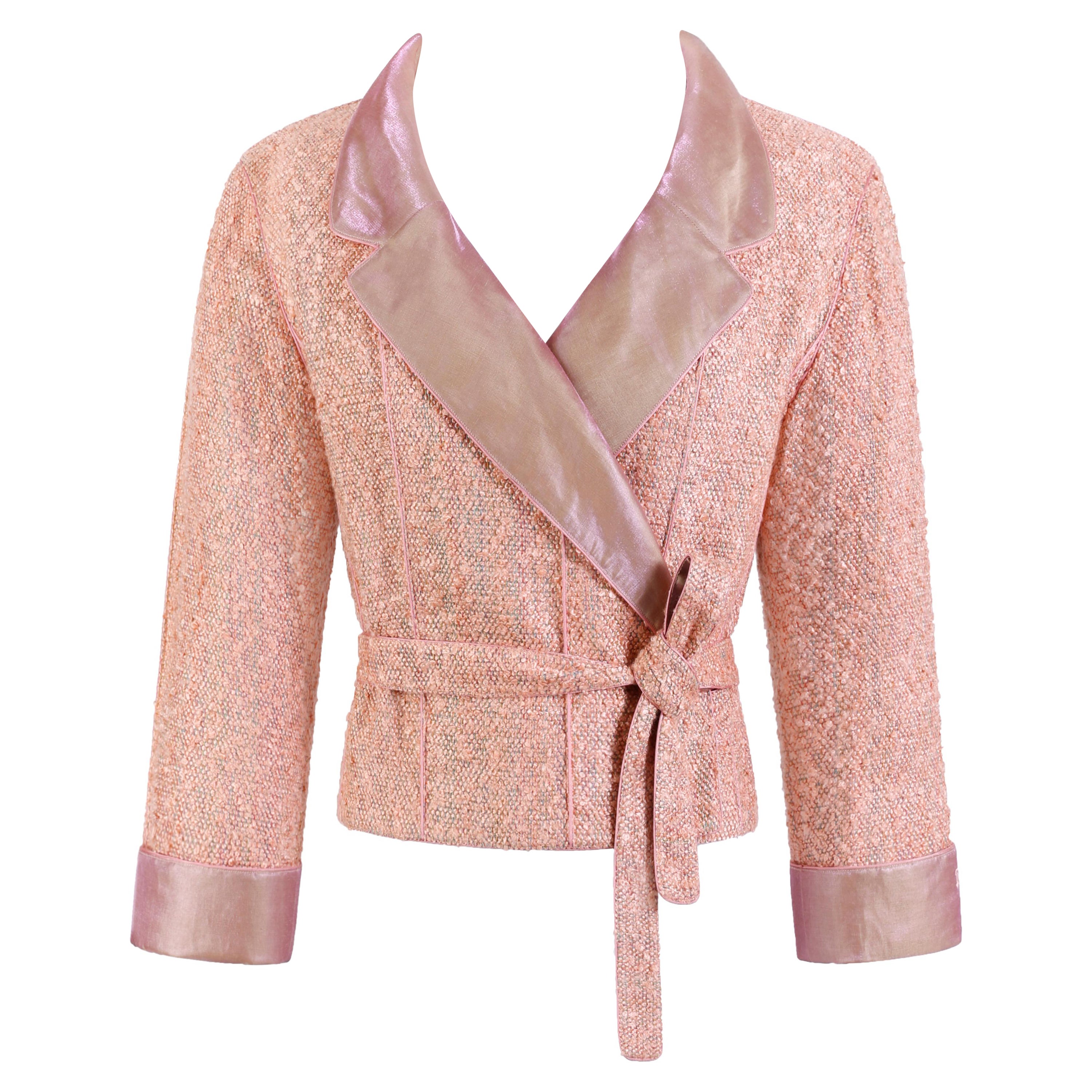 CHANEL Vintage S/S 1999 Salmon Pink Tweed Boucle Knit Cropped Wrap Jacket 38-FR